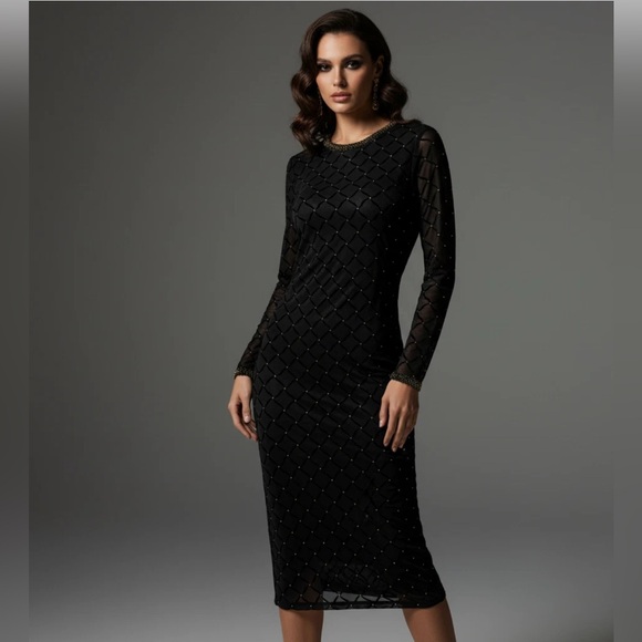 NISSA $579 Black Long Sleeve Diamond Pattern, Gold Beaded Neckline Midi  Dress